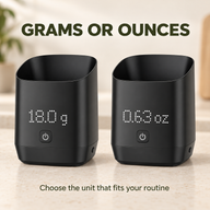 Coffee bean weighing cup shown in grams and ounces