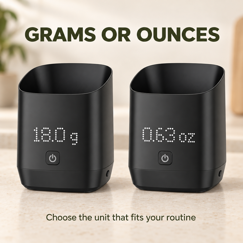 Coffee bean weighing cup shown in grams and ounces