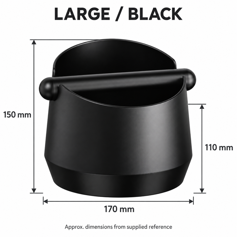 Black Large espresso knock box approximate dimensions: 170 mm width and 150 mm overall height