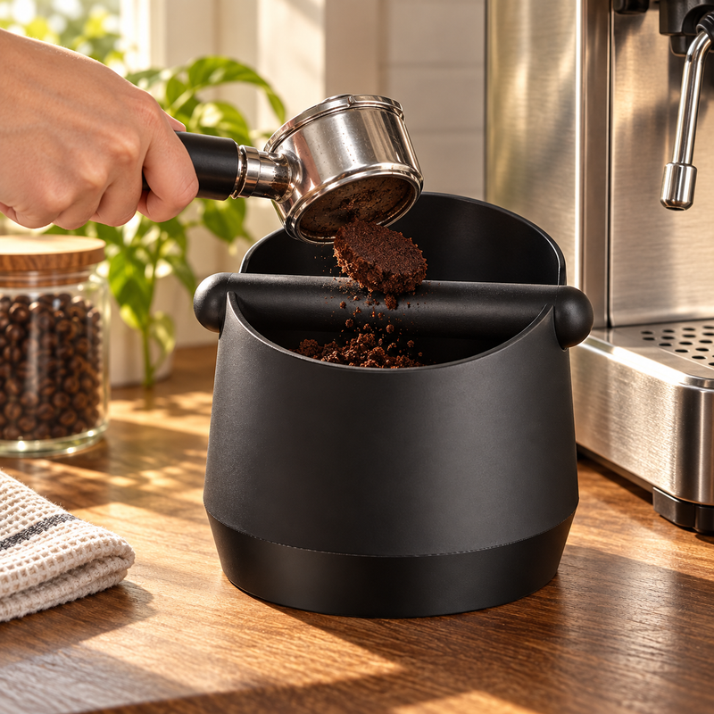 Black Large espresso knock box receiving a used coffee puck at an espresso station