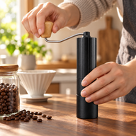 Black Yozcoffee hand coffee grinder used beside coffee beans and a pour-over dripper in a home kitchen