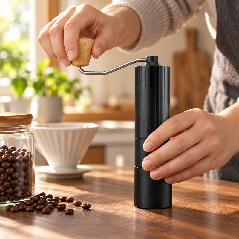 Black Yozcoffee hand coffee grinder used beside coffee beans and a pour-over dripper in a home kitchen