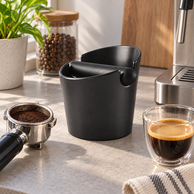 Black Mini espresso knock box beside a portafilter and espresso on a home coffee counter