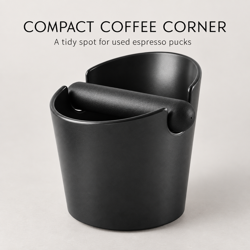 Compact black Mini espresso knock box with curved rear splash guard