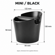 Black Mini espresso knock box approximate dimensions: 122 mm upper width and 120 mm overall height