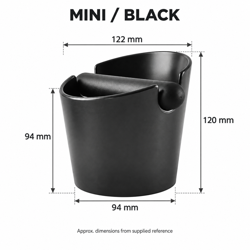 Black Mini espresso knock box approximate dimensions: 122 mm upper width and 120 mm overall height