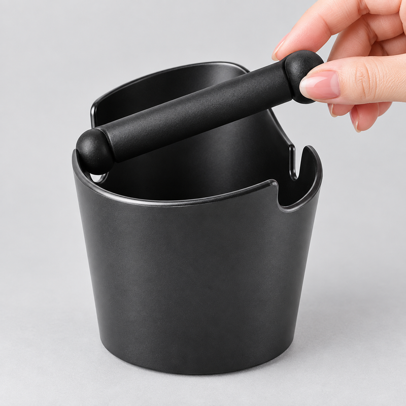 Removable black silicone knock bar lifted from the Mini espresso knock box