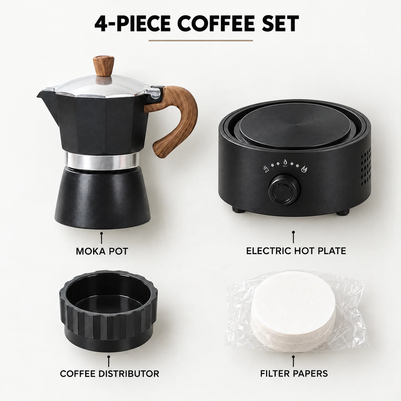 Black four-piece moka pot set with round electric hot plate, distributor and filter papers