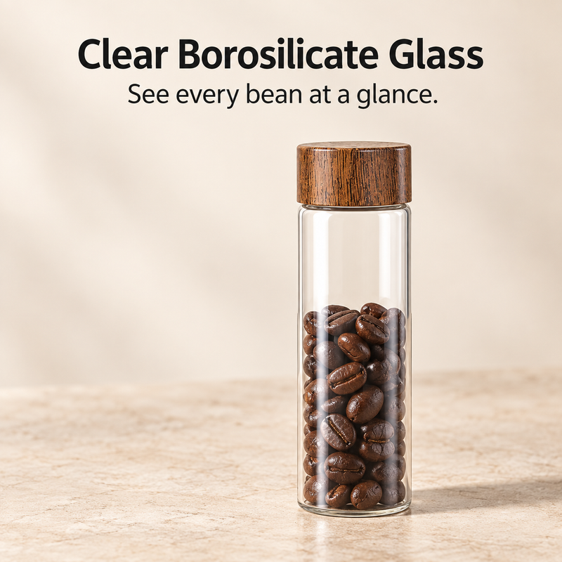 Clear borosilicate glass coffee bean tube with a brown wood-look screw cap