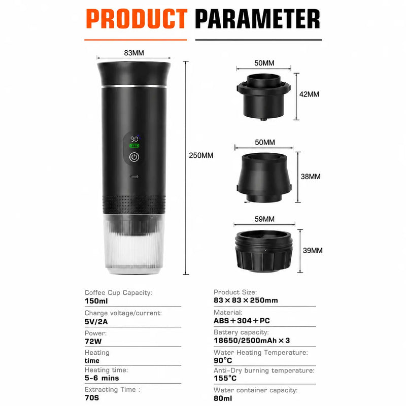 Portable Capsule Coffee Machine NS/DG Capsules & Ground Coffee: dimensions specifications infographic
