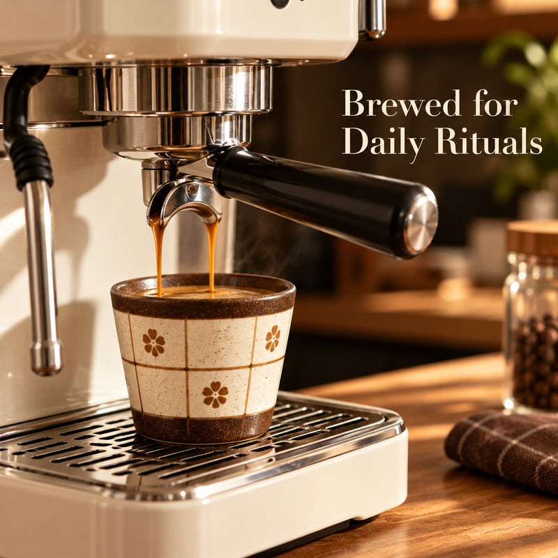 Keramikbecher mit braunem Blütengitter unter einer Espressomaschine während der Extraktion