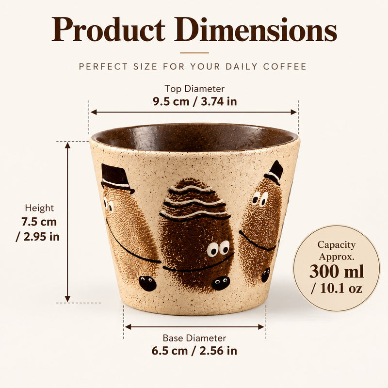 Maße des Keramik-Kaffeebechers mit 300 ml: Durchmesser oben 9,5 cm, Höhe 7,5 cm, Bodendurchmesser 6,5 cm