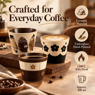 Infografik zum Keramik-Kaffeebecher: Keramikkörper, Unterglasur-Handbemalung, Brand bei 1200 °C und 300 ml Fassungsvermögen
