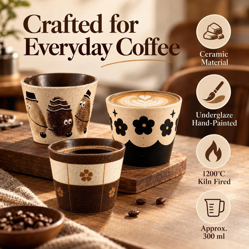Infografik zum Keramik-Kaffeebecher: Keramikkörper, Unterglasur-Handbemalung, Brand bei 1200 °C und 300 ml Fassungsvermögen