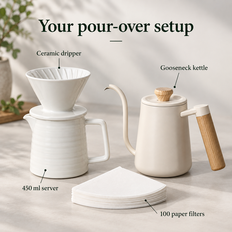 Ceramic Pour Over Coffee Kit – 450ml Server, Optional Kettle - Produktbild