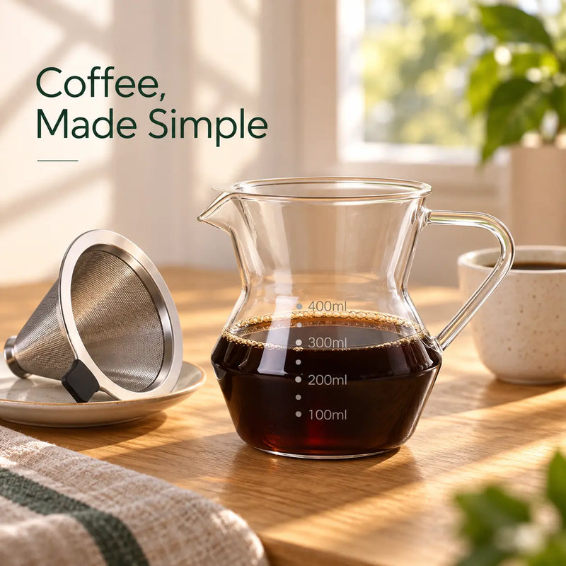 Glass Pour Over Coffee Maker – 400ml, Reusable Steel Filter - Produktbild