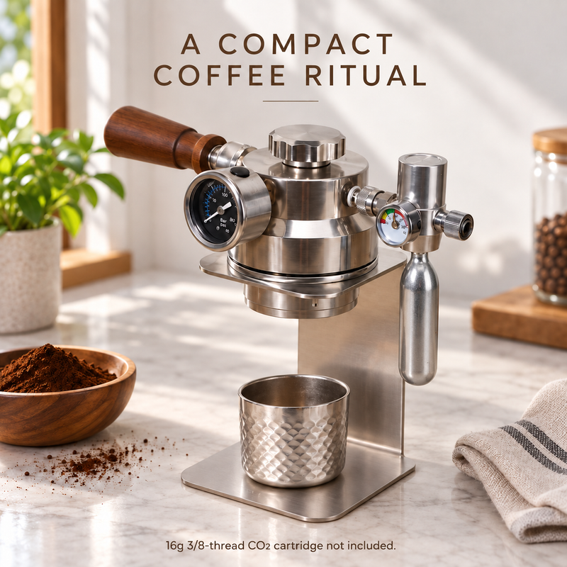 CO₂-Espressomaschine mit Holzgriff, Ständer und Metallbecher - Produktbild
