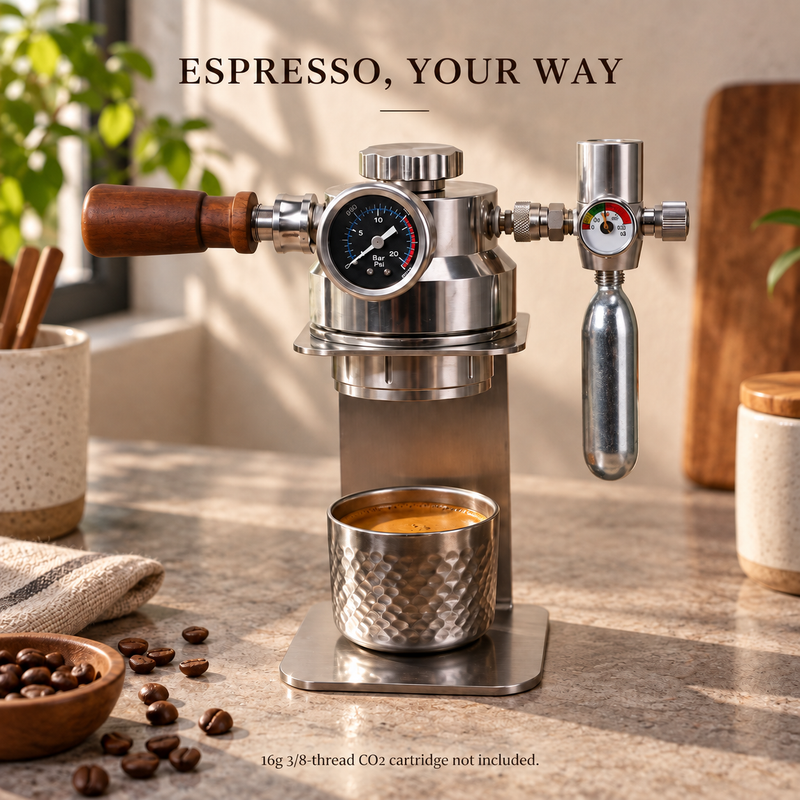 CO₂-Espressomaschine mit Holzgriff, Ständer und Metallbecher - Produktbild