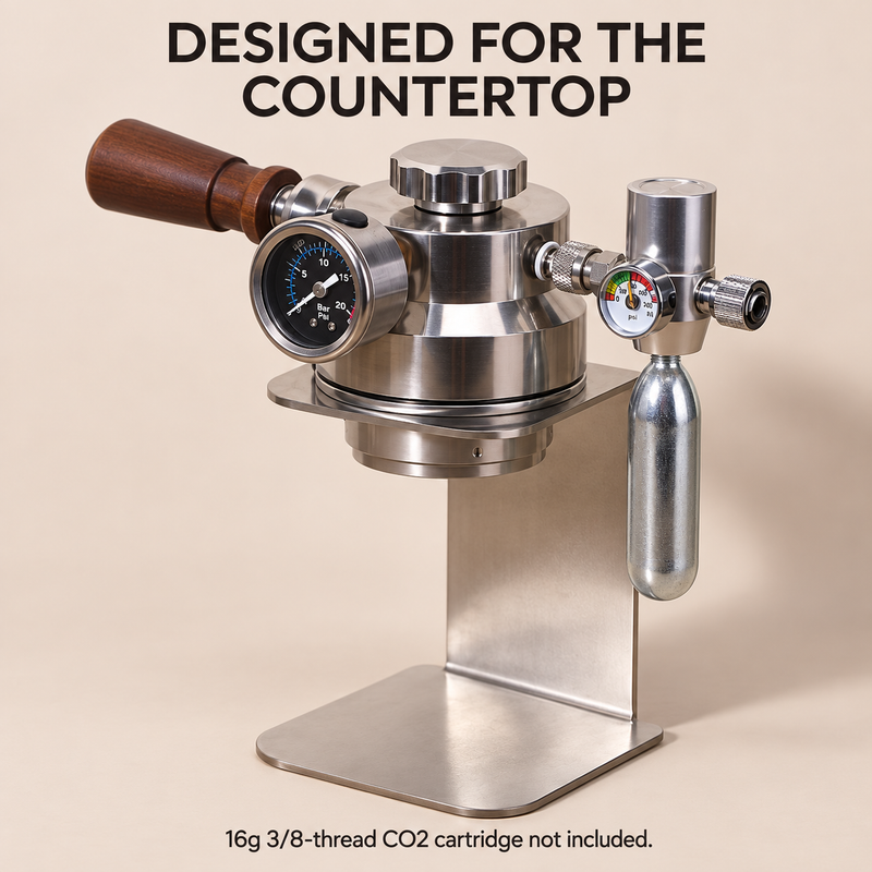 CO₂-Espressomaschine mit Holzgriff, Ständer und Metallbecher - Produktbild