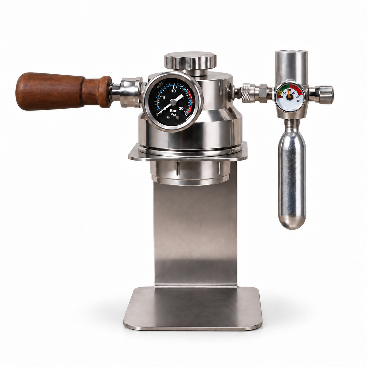 CO₂-Espressomaschine mit Holzgriff, Ständer und Metallbecher - Produktbild
