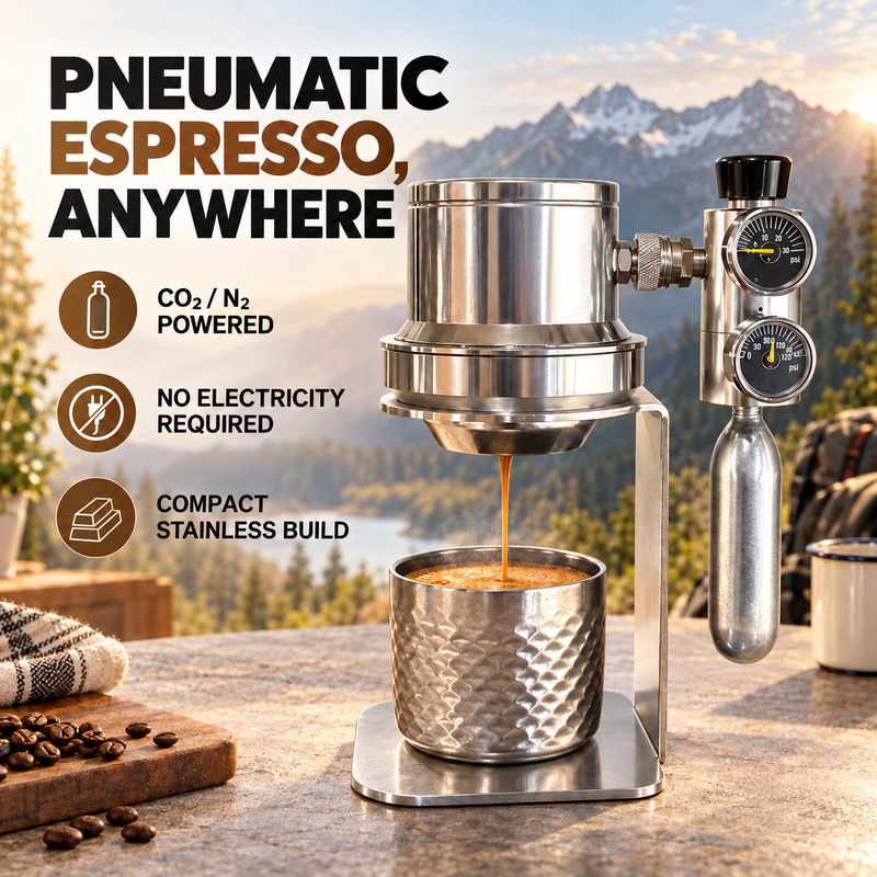 CO2 and nitrogen powered pneumatic espresso maker for home, travel and outdoor coffee