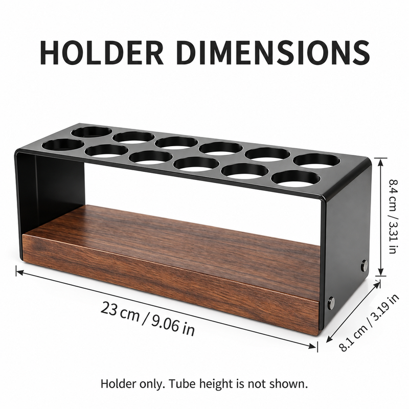 Coffee dosing tube holder dimensions: 23 cm length, 8.1 cm depth and 8.4 cm frame height