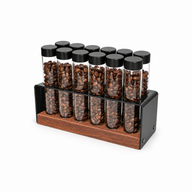 Yozcoffee 12 coffee bean dosing tubes with black caps in the wood-grain base holder