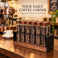 Walnut-tone coffee bean dosing tube organizer on a cafe counter beside an espresso machine