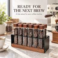 Yozcoffee 12-tube coffee bean organizer in a bright home coffee bar