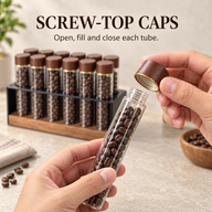 Close-up of the transparent threaded tube neck and removable walnut-tone screw cap