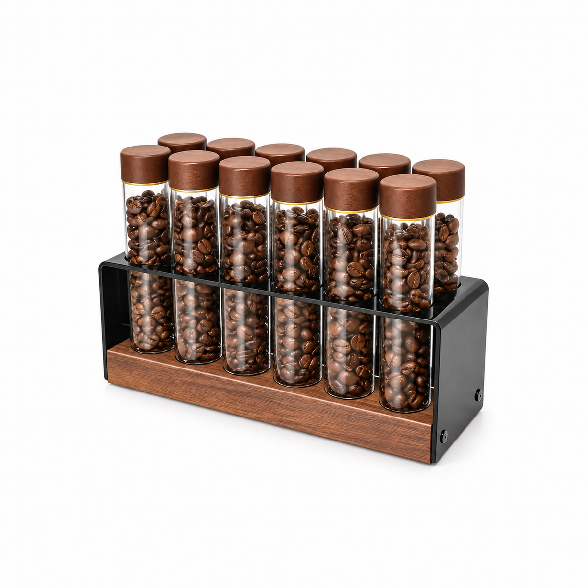 Yozcoffee 12 coffee bean dosing tubes with walnut-tone caps in a holder on a white background