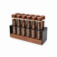 Yozcoffee 12 coffee bean dosing tubes with walnut-tone caps in a holder on a white background