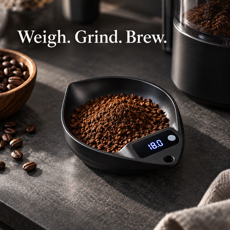 Black coffee bean scale bowl holding ground coffee beside a grinder