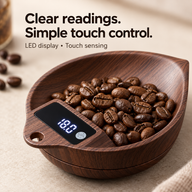 Close-up of the LED display and touch control on the walnut-look coffee scale bowl