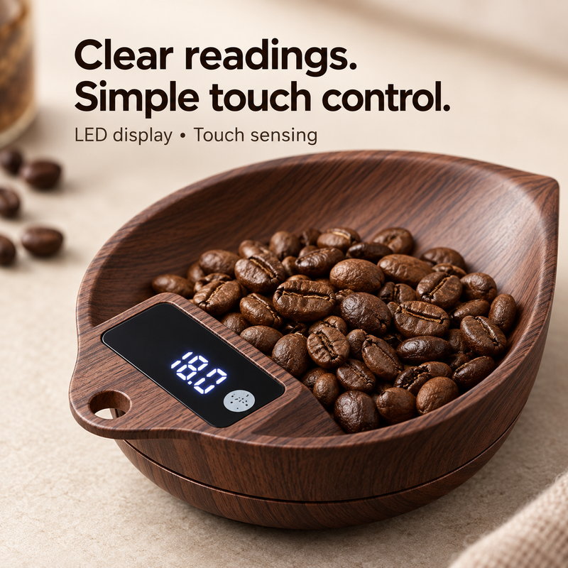 Close-up of the LED display and touch control on the walnut-look coffee scale bowl