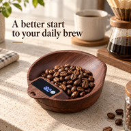 Walnut-look coffee bean scale bowl weighing beans on a home coffee counter