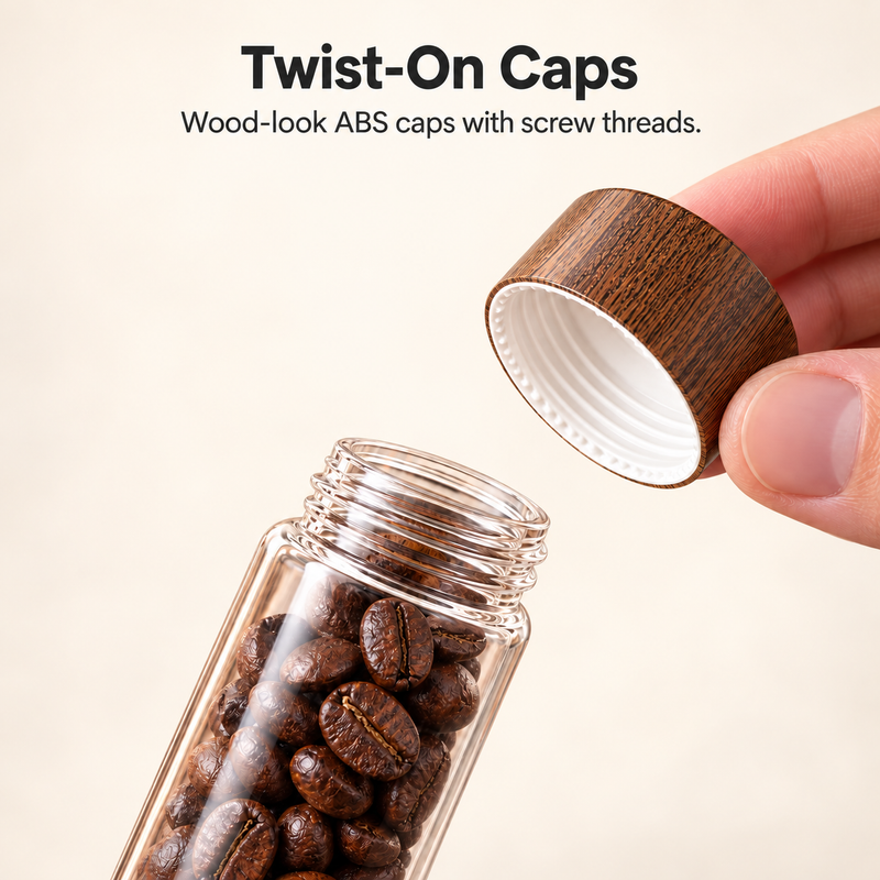 Wood-look ABS screw cap and threaded glass neck on a Yozcoffee coffee bean tube