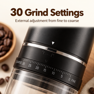 Close-up of the external 30-setting grind adjustment ring marked from coarse to fine