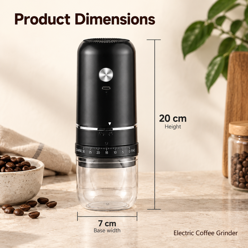 Yozcoffee electric coffee grinder dimensions: 20 cm height and 7 cm base width