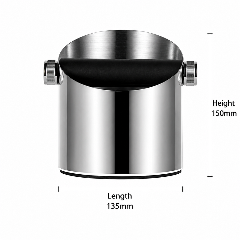 Front dimension guide for the Yozcoffee coffee knock box showing 135 mm width and 150 mm height