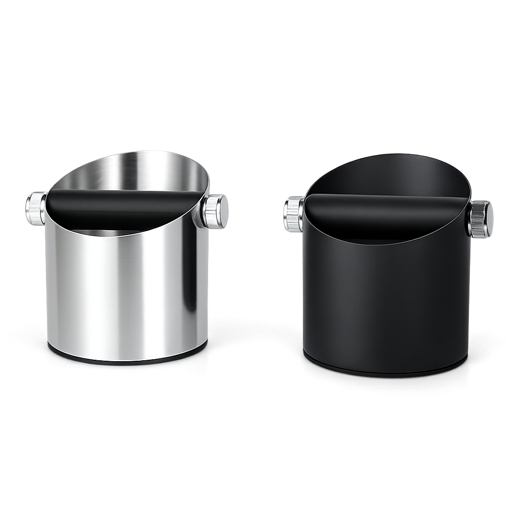 Yozcoffee coffee knock box shown in silver and black color options