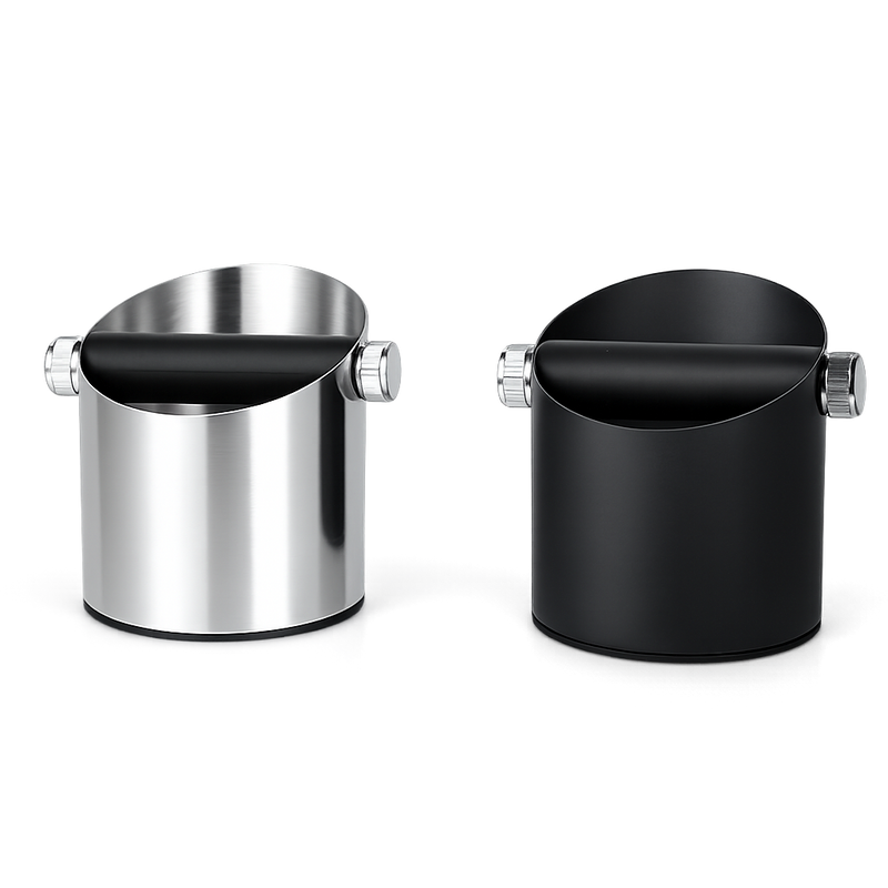 Yozcoffee coffee knock box shown in silver and black color options