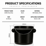 Yozcoffee coffee knock box specifications showing 110mm width 100mm height 208g weight and ABS rubber metal material