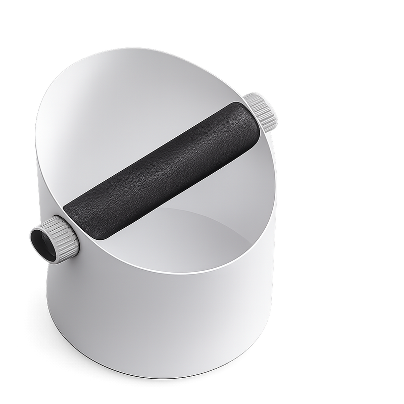 Top view of the Yozcoffee silver coffee knock box with silicone knock bar