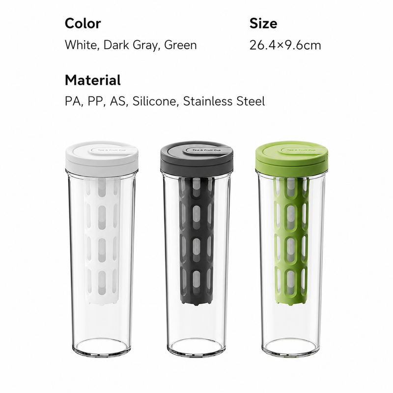 Three cold brew infuser bottles in white, dark gray, and green with a 26.4 x 9.6 cm size and material card