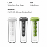 Three cold brew infuser bottles in white, dark gray, and green with a 26.4 x 9.6 cm size and material card