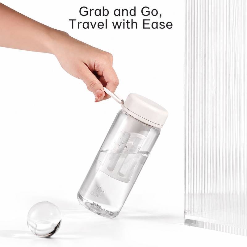 Alternate view of Yozcoffee cold brew tea infuser bottle held by the carry loop for grab-and-go travel use