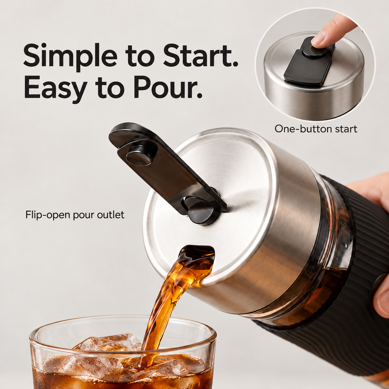 Close-up of the cold brew maker's flip-open pouring cover and separate one-touch start button
