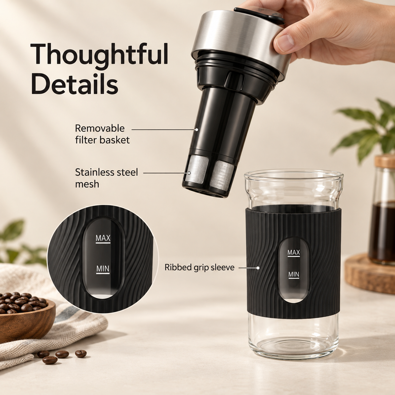 Removable black brewing basket with stainless steel mesh at its lower end beside the ribbed grip glass vessel