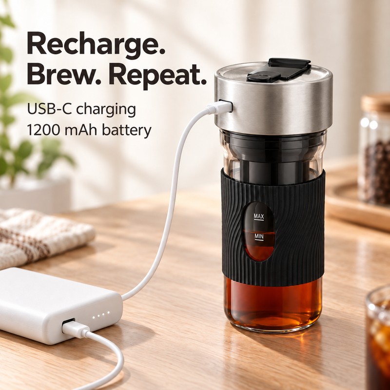 USB-C charging connection on the electric cold brew maker with its 1200 mAh rechargeable battery
